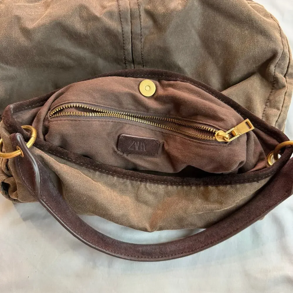 Zara Brown Canvas Leather Trim Hobo Shoulder Bag Women's Large